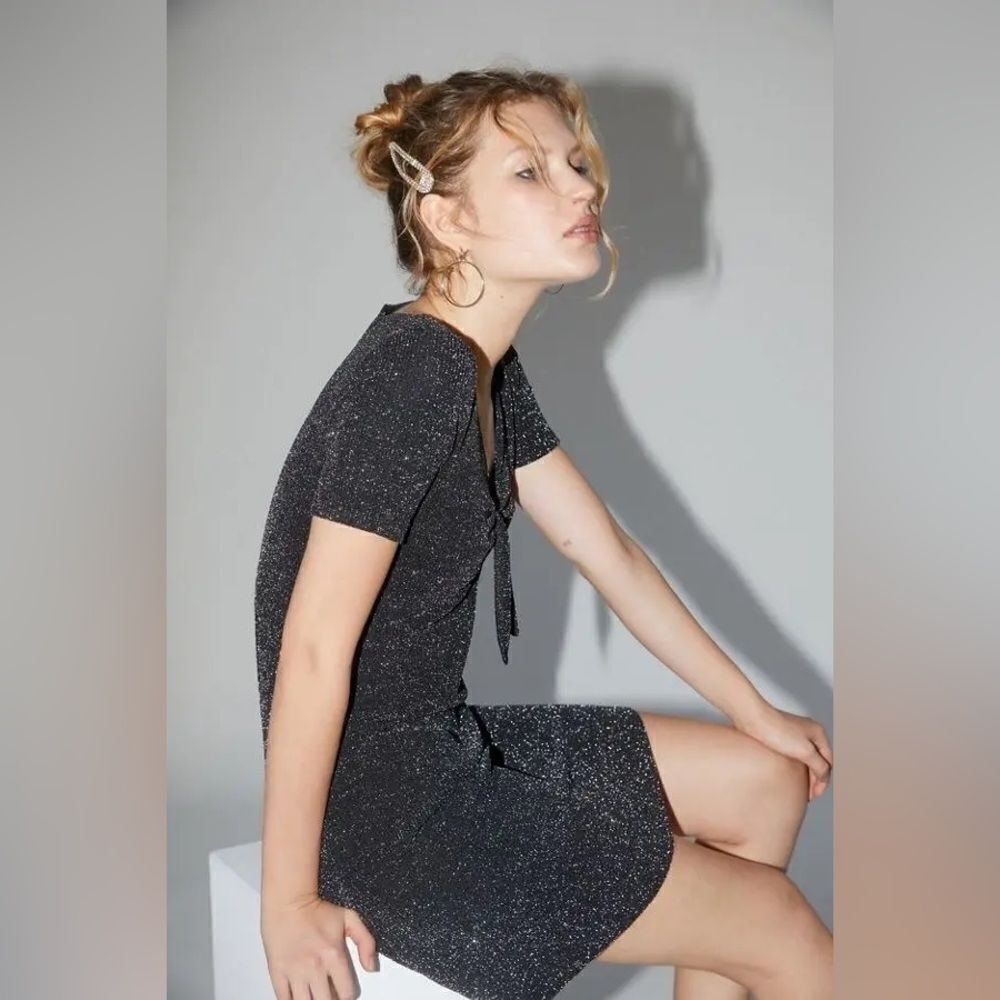 Urban Outfitters NWT Sparkly Tie Front Black Short Sleeve Dress Size Medium